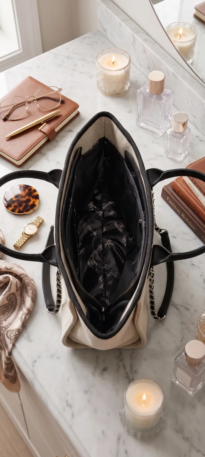 Chanel 31 Rue Cambon Paris Desenli Kumaş Tote Çanta 4