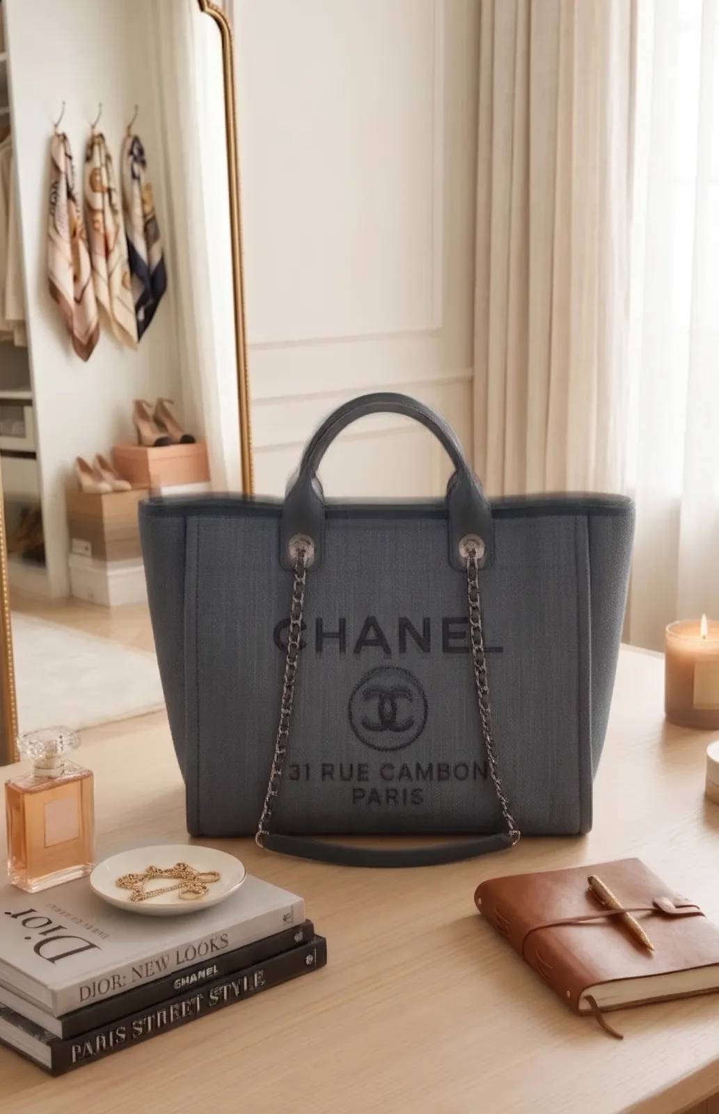 Chanel 31 Rue Cambon Paris Desenli Kumaş Tote Çanta 5