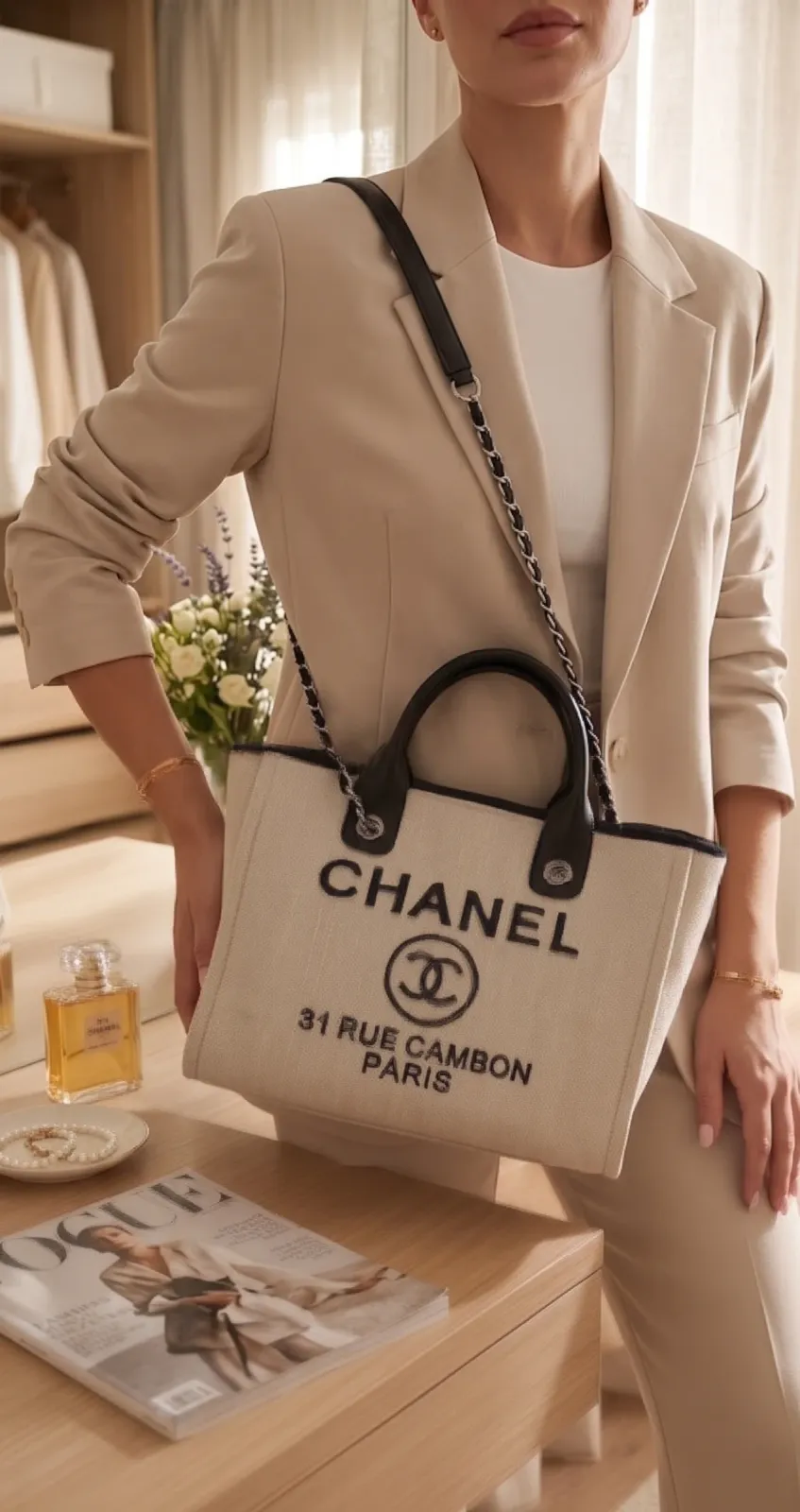 Chanel 31 Rue Cambon Paris Desenli Kumaş Tote Çanta 3