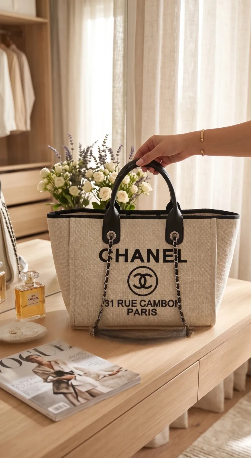 Chanel 31 Rue Cambon Paris Desenli Kumaş Tote Çanta 1